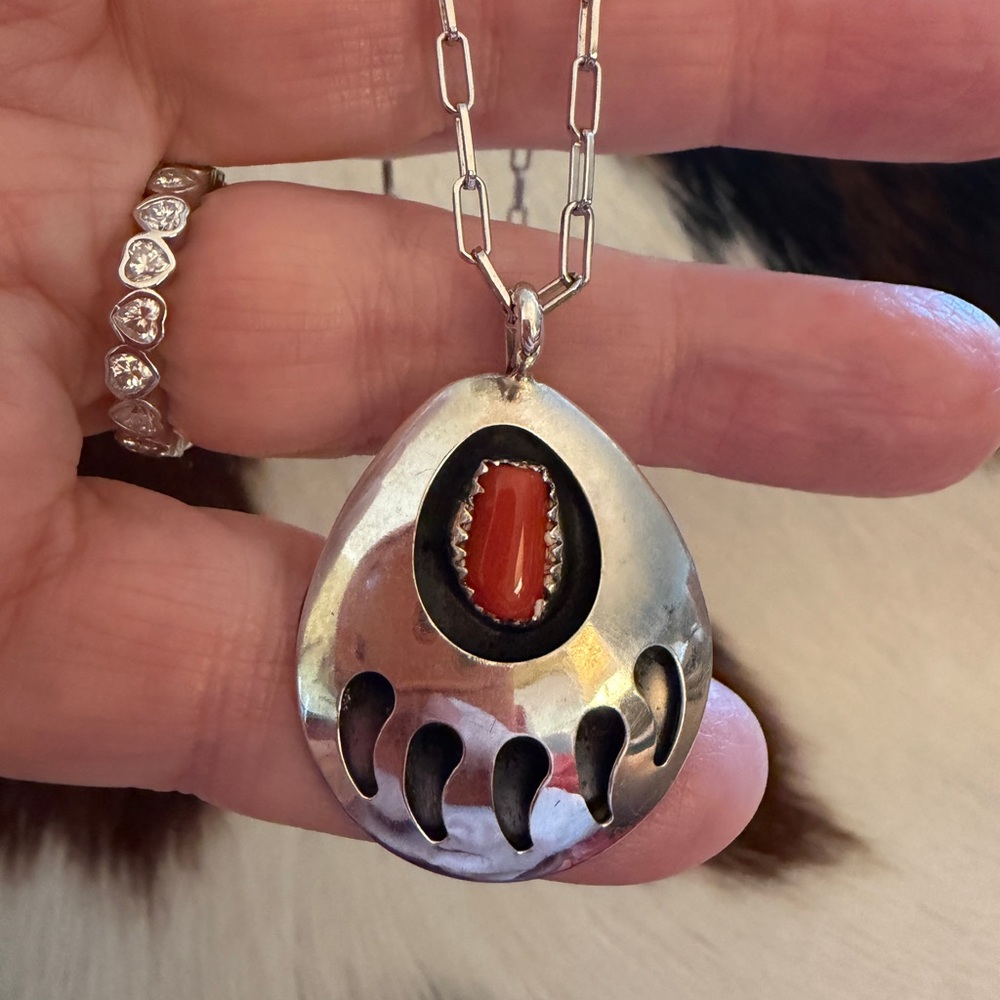 ❤️ Native American Red Coral Bear Paw Pendant Navajo Statement Sterling 1.48”L
